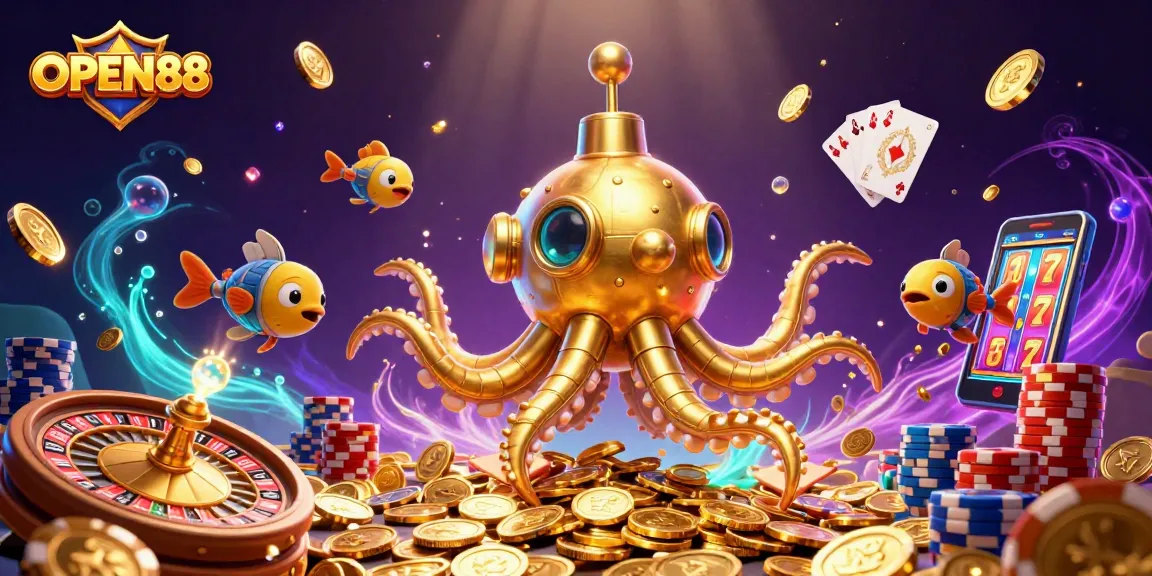Experience dynamic gameplay at OPEN88 with a stunning golden kraken submarine and its mechanical fish crew among cascading coins and roulette thrills.