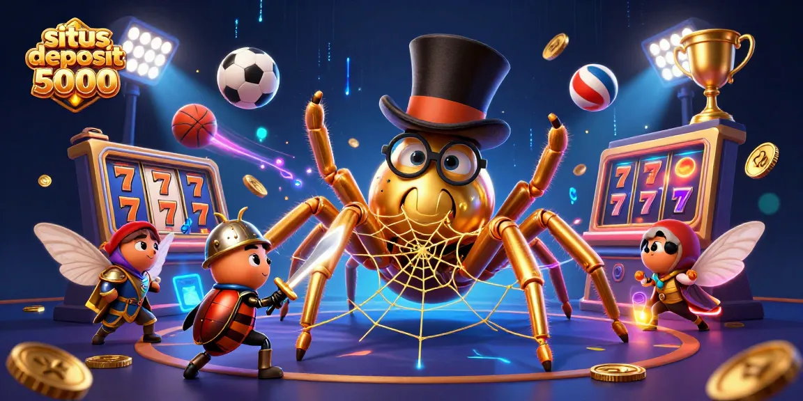 Engage with situs deposit 5000 showcasing a golden tarantula and beetle knight amid dynamic gaming elements.