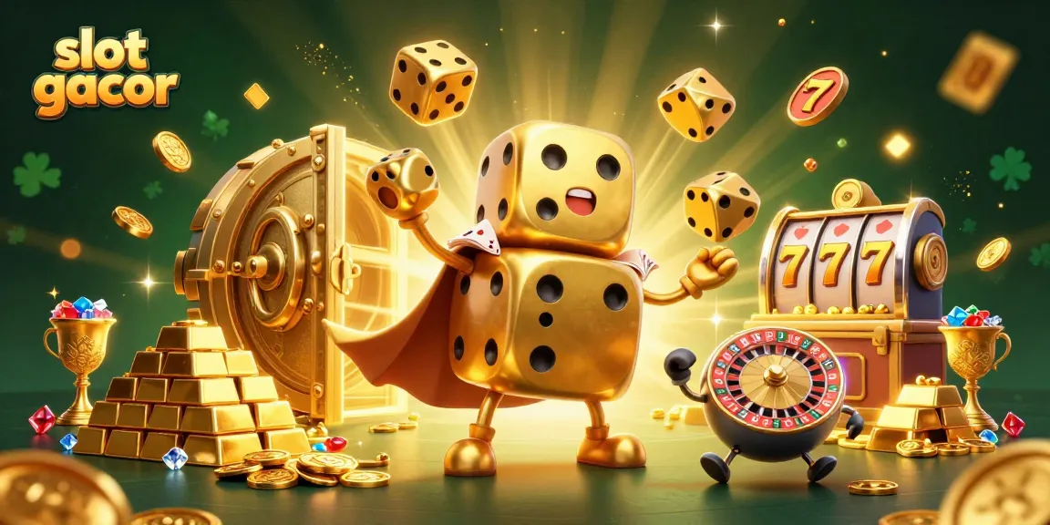 Experience thrilling wins with slot gacor, featuring golden dice and gemstone treasures in a vibrant casino scene.