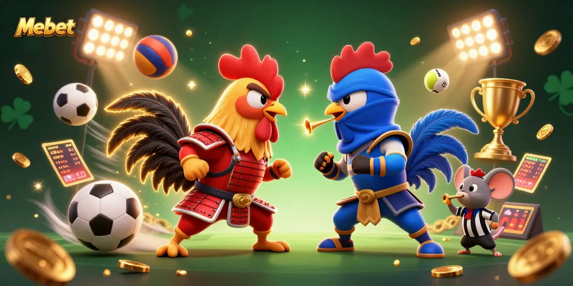 Mebet showcases an intense rooster showdown amidst vibrant casino-themed action with sports elements.