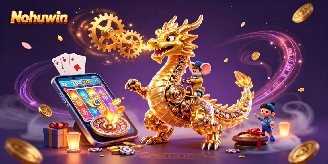 Nohuwin casino features a dynamic dragon, slot games, and vibrant gaming elements.