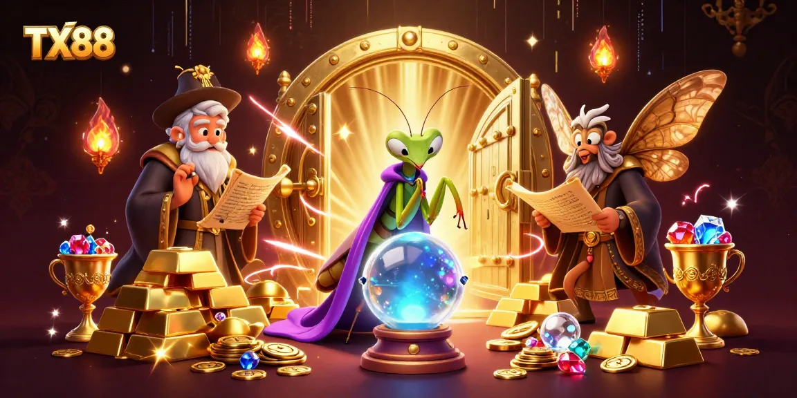 TX88 fortune teller and moth librarian reveal hidden treasures in this vibrant casino scene.