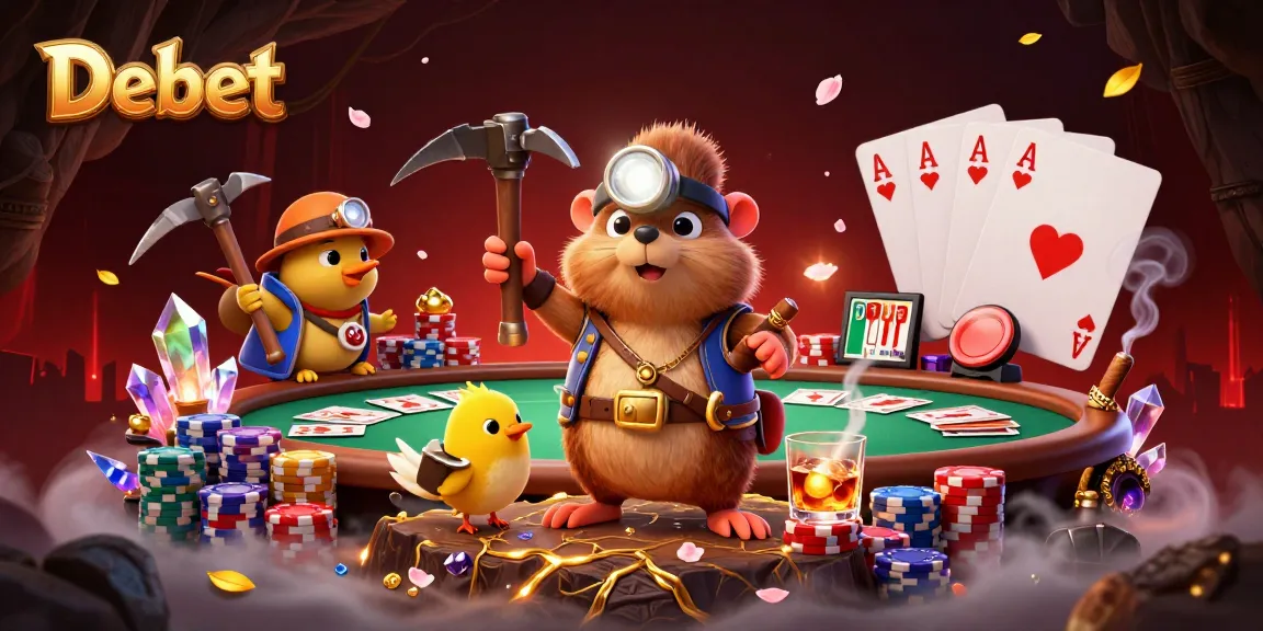 Experience thrilling gameplay at Debet with a cartoon treasure hunter and poker elements in a dynamic 3D scene.
