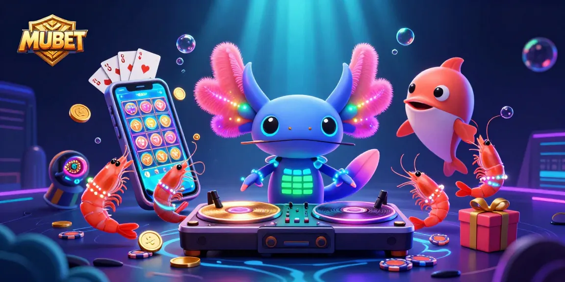 MUBET spins exciting reels in a vibrant 3D casino scene with neon colors and playful characters.