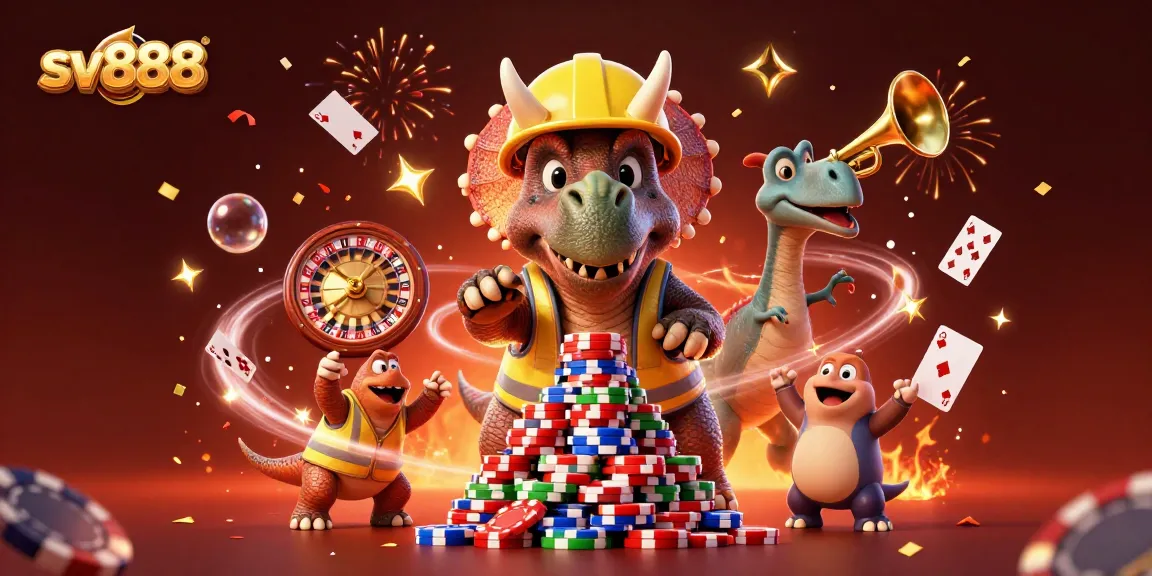 Join the excitement at sv888 with a vibrant poker-themed celebration featuring colorful characters and dynamic casino elements.