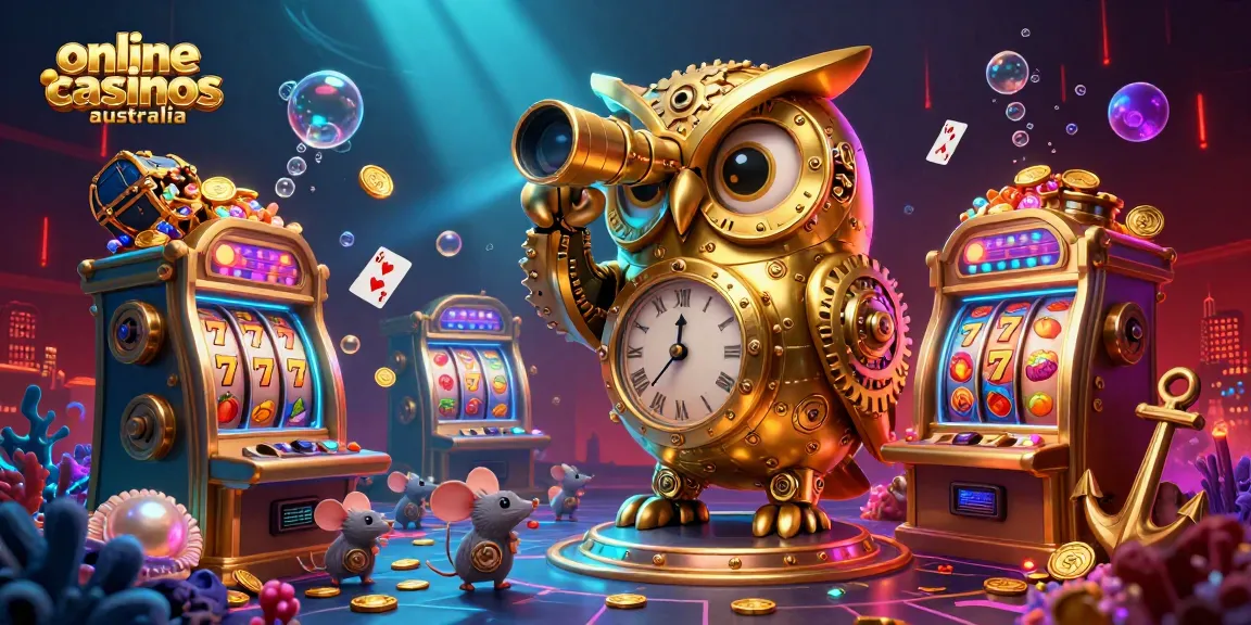 Engage with the thrilling world of online casinos australia, featuring a golden owl overseeing a vibrant casino scene with slot machines and treasures.