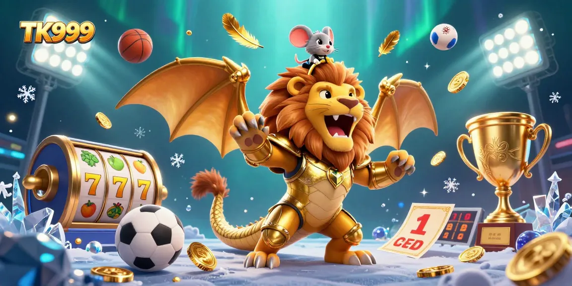 Engage with TK999 in this stunning 3D casino scene featuring a victorious chimera, slot reels, and sports betting elements.