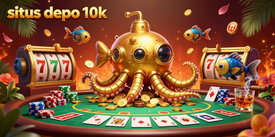 Situs depo 10k showcases a vibrant 3D illustration with a golden kraken submarine, slot reels, and poker elements, inviting engaging gameplay.