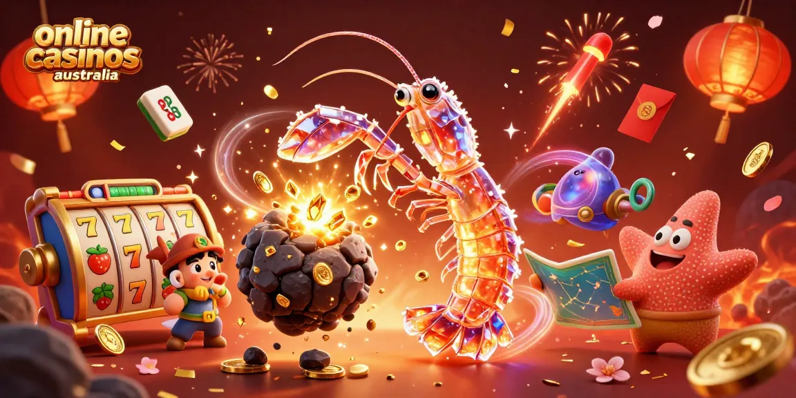 Engage with online casinos Australia in this vibrant scene filled with slot reels, stars, and festive elements.